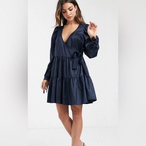 ASOS Design Wrap Front Smock Mini Dress in Navy Blue Taffeta, Size 12 - Picture 10 of 10